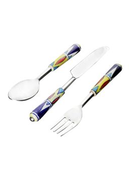 VarEesha - Blue Yellow Ceramic Handle Steel Cutlery Set of Three - Fork, Spoon and Knife