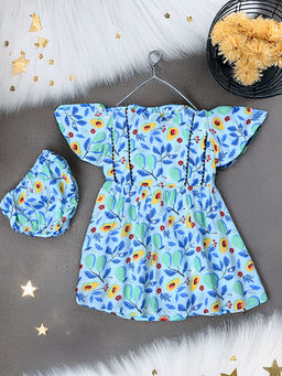 Bella Moda - Blue Cotton Printed Dress with Bloomer (Set of 2)