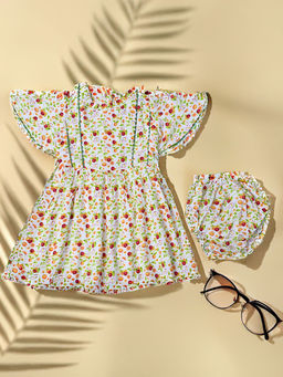 Bella Moda - White Cotton Printed Dress with Bloomer (Set of 2)