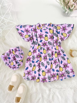 Bella Moda - Purple Cotton Printed Dress with Bloomer (Set of 2)