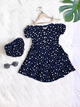 Bella Moda - Navy Blue Cotton Printed Dress with Bloomer (Set of 2)