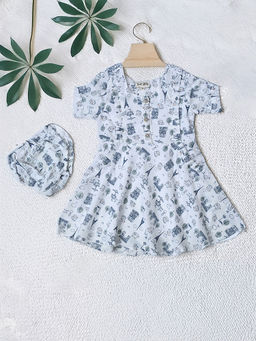 Bella Moda - White Cotton Printed Dress with Bloomer (Set of 2)