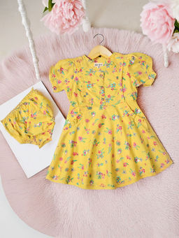 Bella Moda - Yellow Cotton Printed Dress with Bloomer (Set of 2)