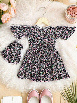 Bella Moda - Black Floral Printed Dress with Bloomer and Belt (Set of 3)