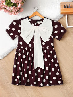 Bella Moda - Maroon Big Bow Polka Dot Printed Dress with Bloomer (Set of 2)