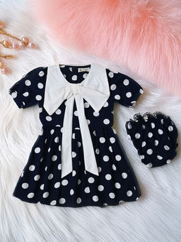 Bella Moda - Navy Blue Big Bow Polka Dot Printed Dress with Bloomer (Set of 2)