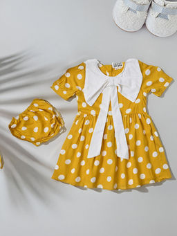 Bella Moda - Yellow Big Bow Polka Dot Printed Dress with Bloomer (Set of 2)