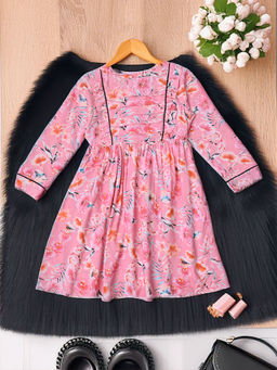 Bella Moda - Pink Floral Printed Full Sleeves Dress