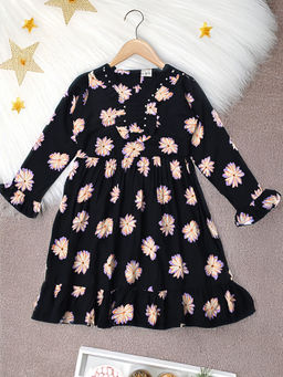 Bella Moda - Black Floral Printed Full Sleeves Dress