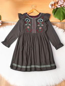 Bella Moda - Brown Embroidered Full Sleeves Dress