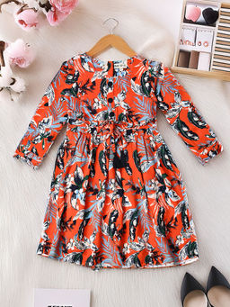 Bella Moda - Orange Floral Printed Full Sleeves Dress