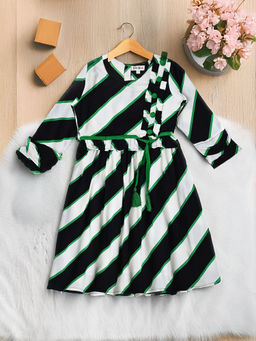 Bella Moda - Green Striped A-Line Dress with Belt (Set of 2)