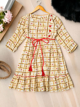 Bella Moda - Yellow Printed Full Sleeve Dress with Belt (Set of 2)