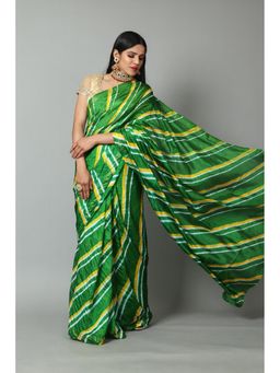 KISHORI - Zari Border and Thread Tassels Crepe Saree with Unstitched Blouse - Green & Yellow
