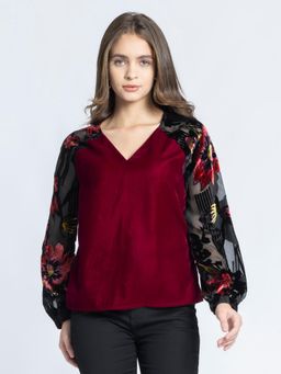 SHAYE - Women V-Neck Wine Floral Print Long Sleeves Party Top