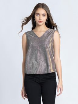 SHAYE - Women V-Neck Shimmer Solid Sleeveless Party Top