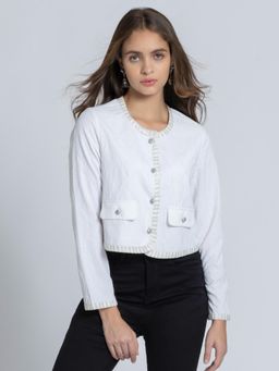 SHAYE - Women Round Neck White Solid Long Sleeves Party Jacket