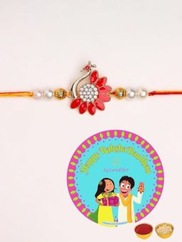 Accessher - Multi-Color Gold Plated Semi Enamel Peacock Rakhi with Roli Chawal & Card (Set of 3)