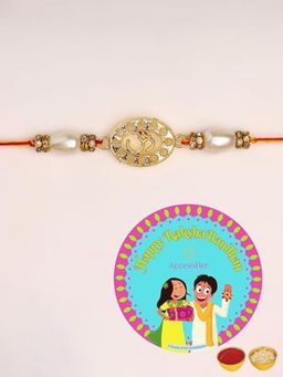 Accessher - Gold Plated OM Design Deity Inspired Rakhi with Roli Chawal & Card (Set of 3)