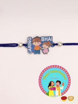 Accessher - Blue Wooden Design Caring Bhai Printed Rakhi with Roli Chawal & Card (Set of 3)