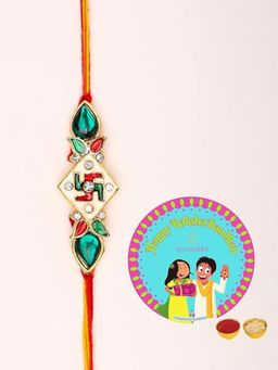 Accessher - Multi-Color Deity Inspired Swastik Meenakari Rakhi with Roli Chawal & Card (Set of 3)