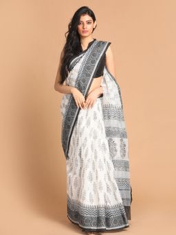 Indethnic - White Printed Super Net Saree with Unstitched Blouse