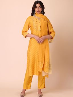 Indya - Yellow Bandhani Print Sequin Embroidered Muslin Kurta With Pants And Dupatta (Set of 3)