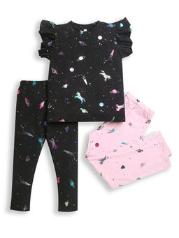ZIP ZAP ZOOP - Pink & Black Half Sleeve Leggings and T-Shirt Girls Co-Ord (Set of 3)