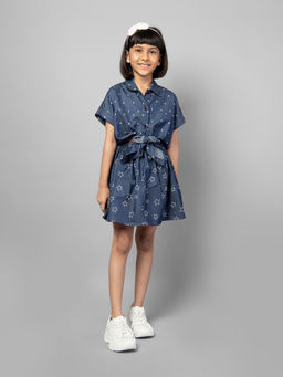 ZIP ZAP ZOOP - Blue and White Half Sleeve Polka Dot Tie-Up Shirt & Skirt (Set of 2)