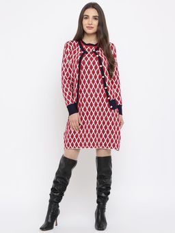 IKI CHIC - Red Argyle Detail Round Neck Dress With Button Down Jacket Set