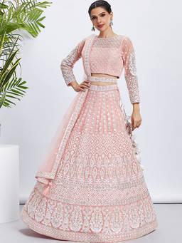 Panchhi - Coral Net Sequins and Thread Embroidery Semi-Stitched Lehenga Choli and Dupatta (Set of 3)