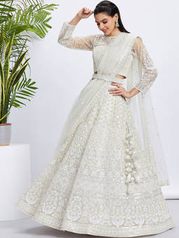 Panchhi - Cream Net Sequins and Thread Embroidery Semi-Stitched Lehenga Choli and Dupatta (Set of 3)