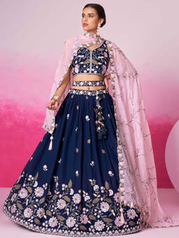 Panchhi - Navy Blue Organza Sequins Embroidery Semi-Stitched Lehenga Choli and Dupatta (Set of 3)