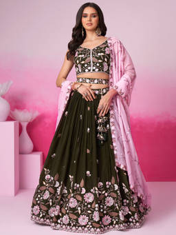 Panchhi - Olive Organza Sequins Embroidery Semi-Stitched Lehenga Choli and Dupatta (Set of 3)