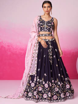Panchhi - Purple Organza Sequins Embroidery Semi-Stitched Lehenga Choli and Dupatta (Set of 3)