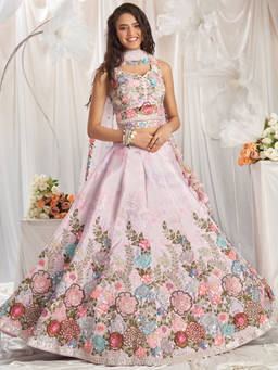 Panchhi - Pink Satin Print and Sequins Embroidery Semi-Stitched Lehenga Choli and Dupatta (Set of 3)