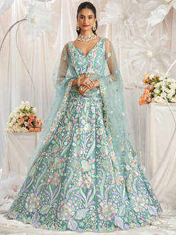 Panchhi - Lime Green Net Sequins Embroidery Semi-Stitched Lehenga Choli and Dupatta (Set of 3)