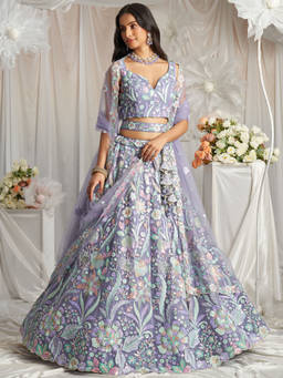 Panchhi - Mauve Net Sequins Embroidery Semi-Stitched Lehenga Choli and Dupatta (Set of 3)