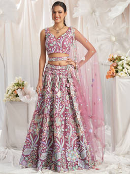 Panchhi - Rose Gold Net Sequins Embroidery Semi-Stitched Lehenga Choli and Dupatta (Set of 3)