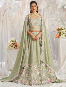 Panchhi - Chiffon Sequins and Thread Embroidery Semi-Stitched Lehenga Choli and Dupatta (Set of 3)