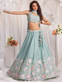 Panchhi - Chiffon Sequins and Thread Embroidery Semi-Stitched Lehenga Choli and Dupatta (Set of 3)