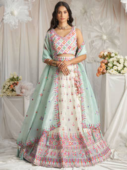 Panchhi - Cream Sequins and Mirror Embroidery Semi-Stitched Lehenga Choli and Dupatta (Set of 3)