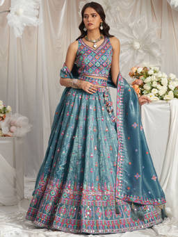 Panchhi - Teal Sequins and Mirror Embroidery Semi-Stitched Lehenga Choli and Dupatta (Set of 3)