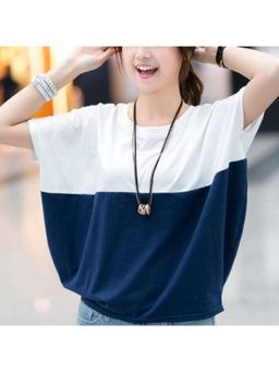 Outzidr - Navy Blue Colorblock Elasticated Hem T-Shirt