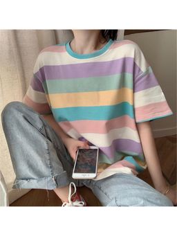 Outzidr - Multi-Color Stripes Oversized T-Shirt