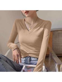 Outzidr - Khaki Basic Solid V Neck Top