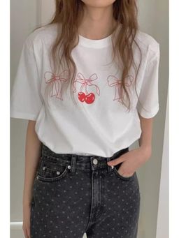 Outzidr - White Cherry Print Graphic T Shirt
