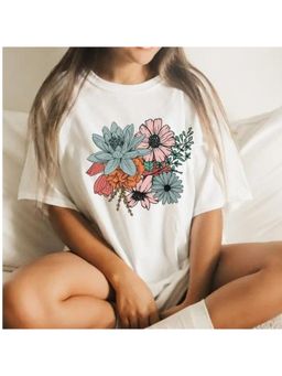 Outzidr - White Floral Graphic Print T Shirt