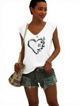 Outzidr - White Heart Print Graphic T-Shirt