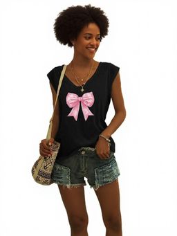 Outzidr - Black Bow Print Cap Sleeve Graphic T-Shirt